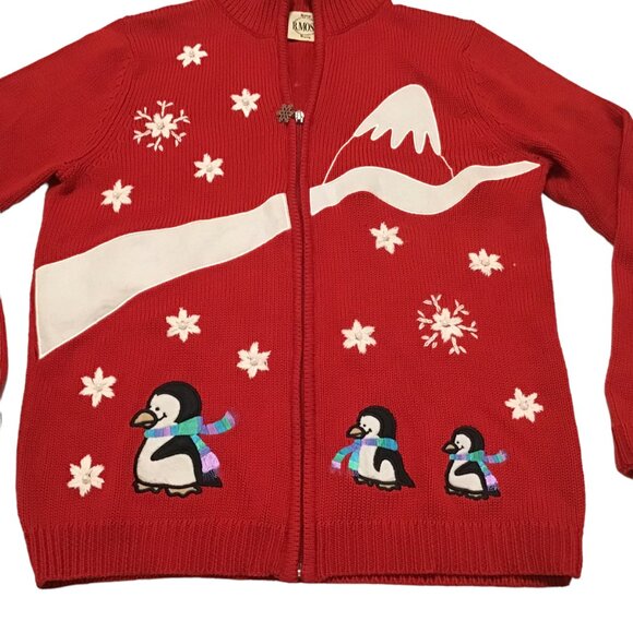 B Moss Snow Penguin Cardigan Sweater Size Med M Red Full Zip Holiday Christmas - Picture 2 of 4